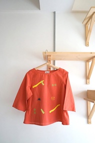 訂製  原創手工印花漂亮橘紅五分袖小抽皺上衣 彩泡泡 / 森林美夢