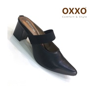 OXXO รองเท้าส้นสูงแฟชั่น รองเท้าหัวแหลมเปิดหลังเท้า มีสายรัดยางยืดที่หลังเท้าใส่กระชับเท้า FF3041 หนังนิ่ม
