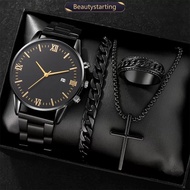BEAUTYSTARTING 4Pcs Men's Watch Set Business Quartz Watch With Calendar Wrist Watch Necklace Bracele