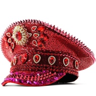 สุภาพสตรีหมวกกลมขนาดใหญ่ทับทิมคอสเพลย์ปาร์ตี้หมวก Punk Hip Hop Ballroom หมวกอัญมณีสีแดงสไตล์ผู้หญิง