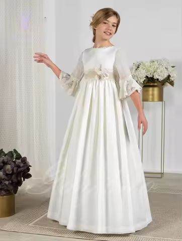 Elegant Flower Girl Dress For Wedding Lace O-neck Satin Applique 2/3 Sleeves Princess Kids Party Fir