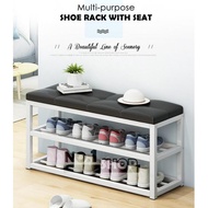 90cm Metal Shoe 2 tier Rack,Entryway Shoe Bench with Cushioned Seat,Stable Storage Organizer Metal F