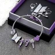 BTS Themed Bracelet with Microphone & Number 7 Charms, Stainless Steel Beaded Fan Accessor