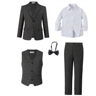 Boys Suits Tweed 5-Pieces Suit Set Toddler Tuxedos Dresswear Ring Bearer Outfit Wedding Blazer Vest 