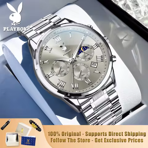 PLAYBOY 3091 Brand original authentic watches for man luxury Gift Box Steel band multifunctional qua