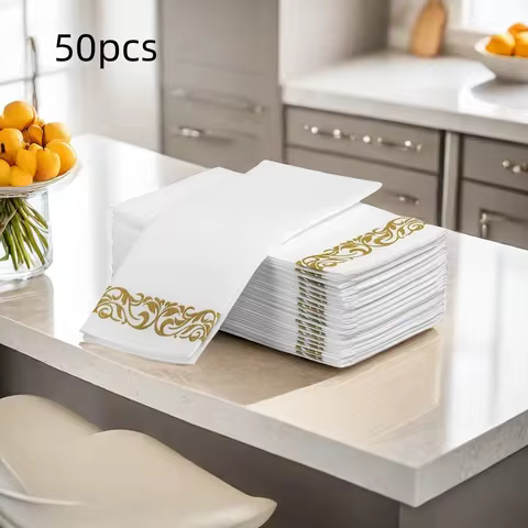 50Pcs Gold/RoseGold Disposable Elegant Hand Towels Napkins Table Paper Tissue Vintage Towel White Bi