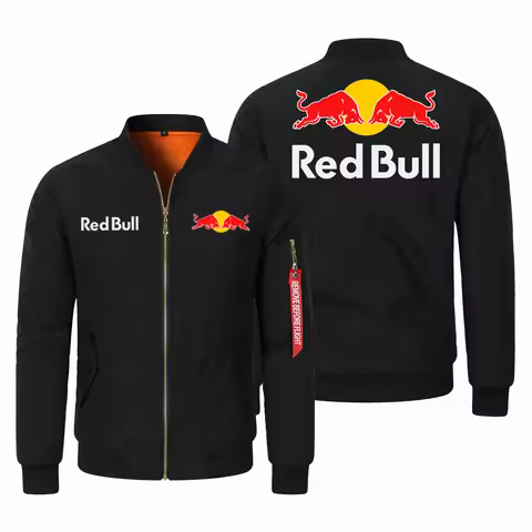 Red Bull Jacket Men's Red Bull Logo Print Motorcycle Jacket Windproof Trendy Casual Oversized Men's 