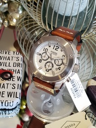 Fossil FS4929 Modern Machine Chronograph Watch with White Dial and Silver Steel Case in Brown Leathe