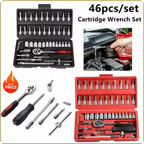 46pcs 1/4 Inch Drive Socket Set Ratchet Wrench Set Car Tool Kit, Bit Socket Wrench Set Metric Mechan