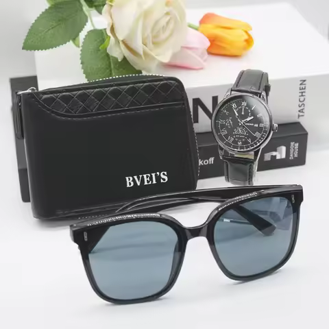 3pcs Set Sports Watches Outdoor Sunglasses Cartera Coach Wallet Portable Leather Men's Casual Sports