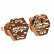 快速出貨！【TORY BURCH】六角形壓印雙T-LOGO造型耳環-玫瑰金