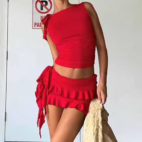 Vintage Lettuce Edge Tie Up Crop Top + Ruched Tiered Ruffles Mini Skirt Coquette 2 Piece Set Women C