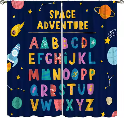 Kid ABC Curtains, Cute Cosmic Starry Sky ABC Alphabet Learning Educational Colorful Pattern Animals 