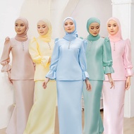 [Ready Stock] Baju Kurung Plus Size S-2XL Satin Puffy Sleeve Blouse and Pensil Skirt Muslimah Suit Set Moden Terkini 2023 Baju Raya