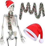 Evervibe 12 ft Skeleton Santa Hats 44 Inches with 80 Inches Christmas Tinsel Garland 210d Poly 12 ft