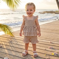 B930G-2Pcs Baby Girl Summer Outfits Fly Sleeve Plaid Print Tops + Shorts Set Toddler Clothes