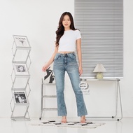 ELNINO - Jennie High Waist Cutbray Jeans Stretch Long Flare Pants Retro Vintage Fold DownWanita