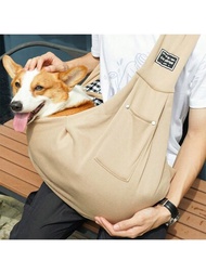 1個透氣卡其色寵物斜背袋,適用於貓狗戶外旅行