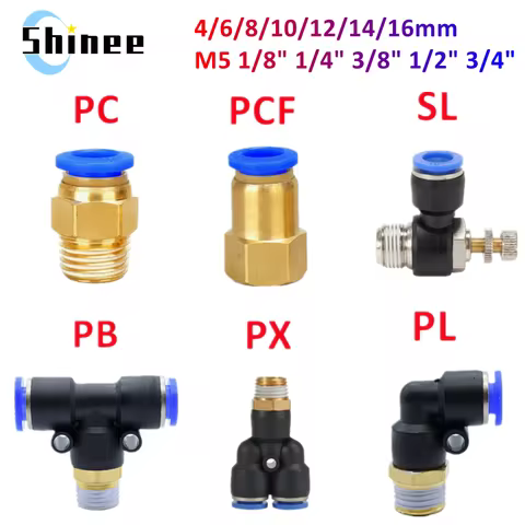 Pneumatic Air Connector Fitting PC/PCF/SL/PB/PX/PL 10mm 12mm 14mm 16 Thread M5 3/4" 1 2 way Hose Fit