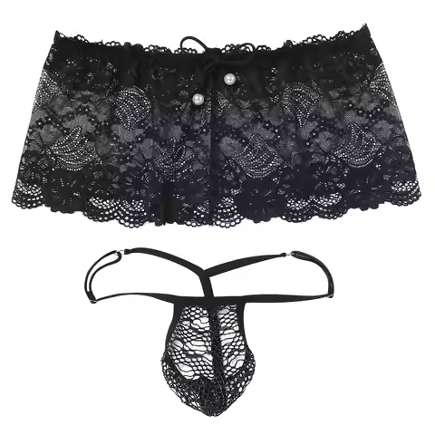 Men's Sissy Lingerie Low Rise Lace Mesh Sheer Mini Skirt + G-string Panties Bulge Pouch Crossdressin