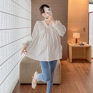 2025 Spring Maternity Cotton Shirts Long Flare Sleeve V-neck Plus Size Pregnant Woman Dobby Blouses 