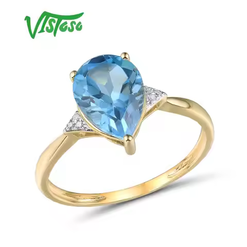 VISTOSO Pure 14K / 9K 375 Yellow Gold Ring For Women Sparkling Diamond Limpid Blue Topaz Anniversary