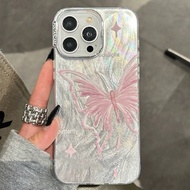 เคสโทรศัพท์แบตเตอร์ฟลายขนนกสีเงินแอปเปิลสำหรับ iPhone 15 Pro Max/14/15 Pro/New 13 น่ารัก การ์ตูนระดั