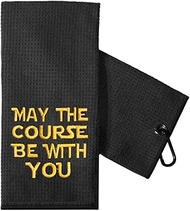 TOUNER Funny Golf Towel Gift for Dad, Retirement Gifts for Men Golfer, Funny Golf Towel for Men, Embroidered Golf Towels for Golf Bags with Clip (May The Course Be with You)