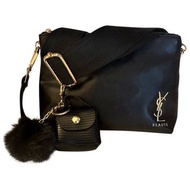 YSL聖羅蘭歐美專櫃化妝包改造中性款超美黑色皮革金色YSL標誌黑金斜背包