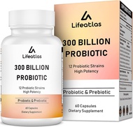 Lifeatlas 300 Billion CFU Probiotics - Probiotics for Women and Men, 12 Probiotic Strains Plus Prebiotic, for Immune &amp; Digestive, Gut Health, Gas Bloating, Shelf Stable - 60 Capsules 60 Count (Pack of 1)