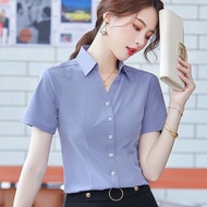 【Ready Stock】 V领衬衫女短袖灰色职业女装大码工作服修身OL显瘦衬衣女V-neck shirt women's short sleeved gray professional women'