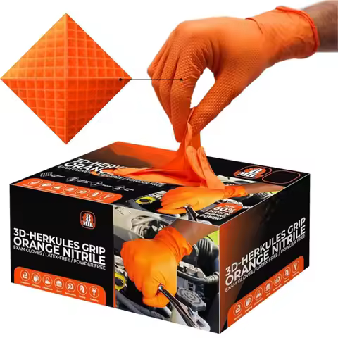 Orange Nitrile Gloves Disposable 8Mil Super Duty Diamond Textured Safety Protective Work Gloves Auto