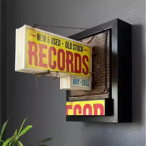 Record Store Retro Wall Lamps Antique Shop Lightbox Yellow Eye-Catching Sign Elegant Exquisite Illum