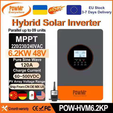 PowMr 6.2KW Hybrid Solar Inverter 48V to 230VAC/380VAC Output Parallel UP To 9 Units PV 500VDC With