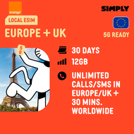 SIMPLY [eSIM] UK+Europe | 3UK o2 EE | 30 Days | 40GB/100GB/200GB/Unlimited Data | Local UK/EU eSIM