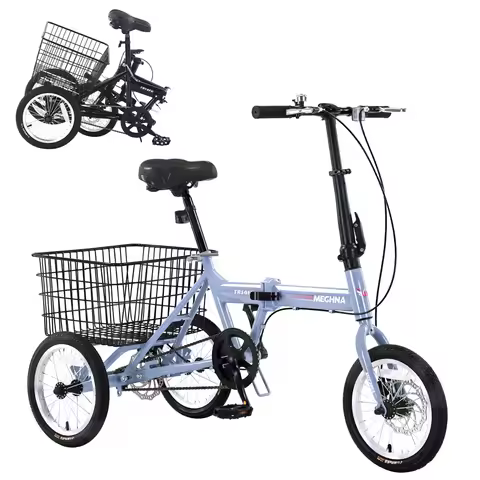Folding Tricycle for Adults, 14 Inch 3 Wheel Bikes with Basket, 95% Pre-Assembled Collapsible Steel 