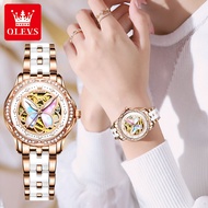 OLEVS Ladies Watch Waterproof 2023 Luxury Fashion Casual Automatic Mechanical Watch Butterfly Hollow Rose Gold Diamond Stainless Steel Watch Gift