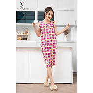 Bộ đồ mặc nhà nữ lanh (tole) Vicci BN181 thiết kế áo tay ngắn nhún bèo cách điệu phối quần lửng in h