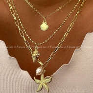 [Fanyee] Stackable Metal Starfish Oyster Shell Necklace graceful F363