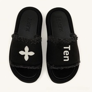 SMFK Classic Canva รองเท้าแตะสตรี Heavy Washing Fringe แบนด้านล่างสวมใส่ด้านนอก Cross Stitch Design