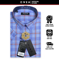 OWEN SALE - Áo Sơ Mi Owen Tay Ngắn Màu Xanh Dương - Đỏ Họa Tiết Caro Form Body Fit Lai Ngang Chính