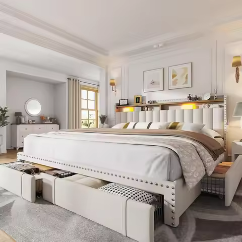 King Size Bed Frame with 4 Storage Drawers Upholstered King Bed Frame and headboard