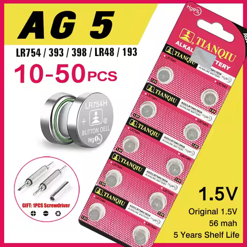 TIANQIU 1.55V AG5 LR754 Button Batteries SR754 193 393 L754 SR754SW LR48 Round Cell Coin Alkaline Ba