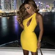 2021Newest Sexy One Shoulder Key Hole Yellow Women Bodycon Bandage Dress 2021 Knitted Elastic Elegant Evening Club Party Dress