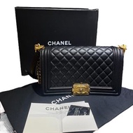 98%NEW二手 BOY CHANEL 25 A67086 黑色羊皮菱格/金扣 #香榭站正品