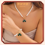 (2 sets) pure 18k Saudi gold pawnable necklace women's South Sea white pearl green three-petal grass pendant bracelet set jewelry for girlfriend's gift