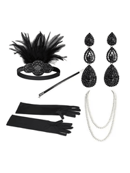 5入組女性1920年代復古水鑽羽毛頭飾，人造珍珠項鍊，復古菱形掛墜耳環，手套，香煙支架，適用於派對和裝扮配件