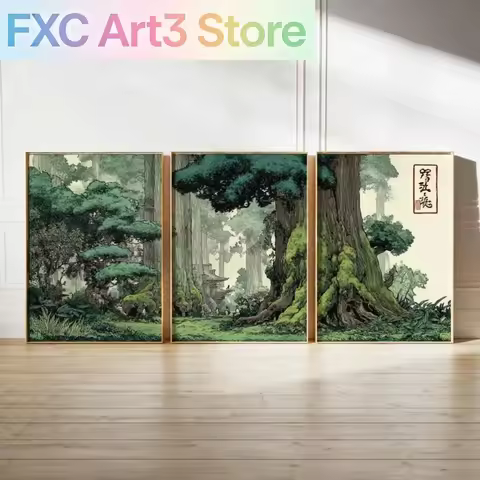 3pcs/Set frameless canvas, Japanese Anime Forest Canvas Prints Poster Japandi Ghibli Botanical Art P