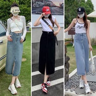 JUMBO 5xl size front slit jeans skirt/skirt 7 8 women's trendy Korean midi skirt/Highwaist A-Line Lo