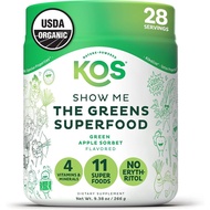 KOS Organic Super Greens 260g Powder Erythritol Free - Plant Based Algae Superfood Blend with Spirulina, Chlorella &amp; Wheatgrass - USDA, Vegan, Green Juice Smoothie Drink